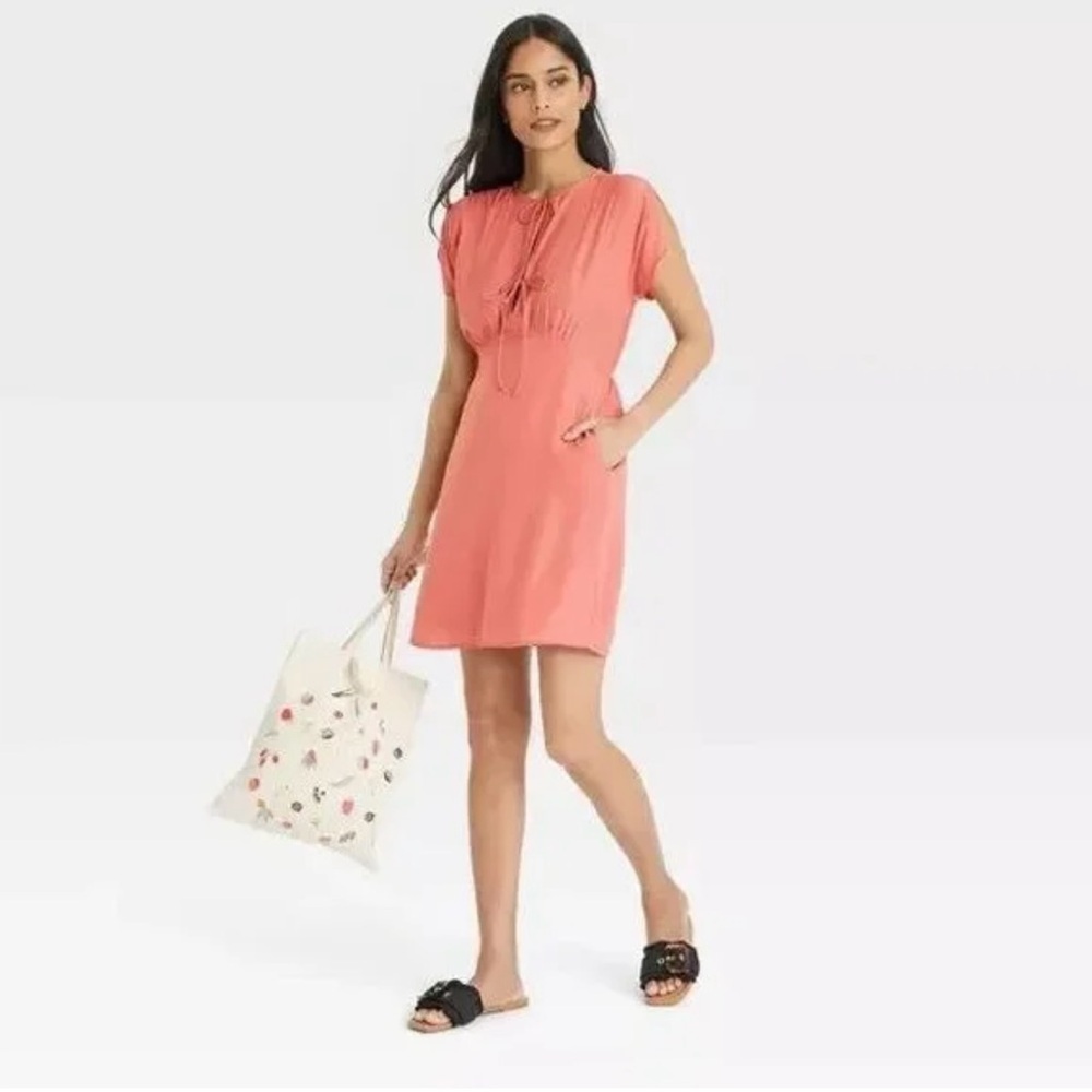 NWT Women's Tie- Front Flutter Short Sleeve Pink Mini A-Line Dress XL - Picture 3 of 12